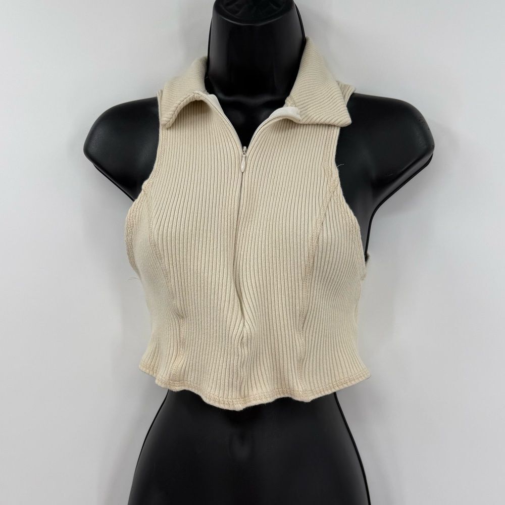 Urban Outfitters UO Reece Ribbed Zip Tank Top | Cream | Size Medium